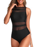 Trajes de baño de una pieza con cuello alto para mujer, trajes de baño de malla con espalda abierta, Negro -, L