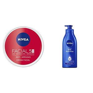 Nivea Crema Facial Antiarrugas Hidratante 5 En 1, Cuidado Natural 24 hora de Humectación con antioxidantes, 200 ml + Body Milk 500ml, color, 500 ml, pack of/paquete de