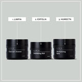 Lumin - Tratamiento Básico de Cuidado Facial para Hombres - The Classic Maintenance Collection | Incluye 3 productos fundamentales para un cutis saludable: humectante, exfoliante y limpiador de carbón que limpian, hidratan y renuevan la piel – Duración 2