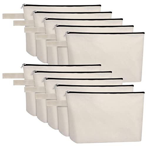 Sinzip 10 bolsas de maquillaje de lona de algodón con parte inferior y correa, bolsa de cosméticos multiusos con cierre bolsa de aseo de viaje, bolsa de lápices en blanco, Blanco, L, Bolsas de lona