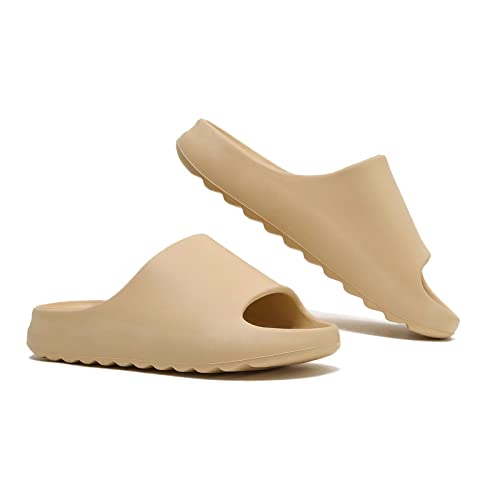 Pantuflas de almohada para hombres y mujeres, de secado rápido, sandalias de plataforma gruesa y suave de secado rápido, sandalias de ducha diarias, pantuflas de baño antideslizantes de verano para interiores y exteriores, Caqui, 14 Wide