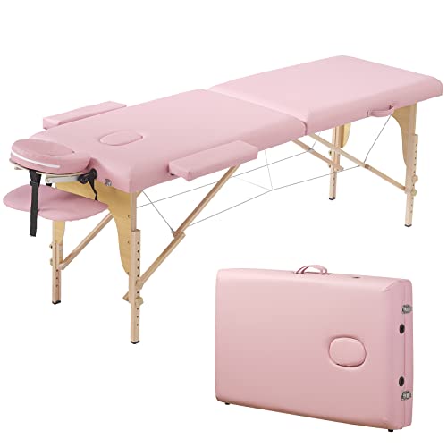 Mesa de masaje plegable, portátil, 2 secciones, para cama, spa, patas de madera, con bolsa de transporte, soporte para cabeza, reposabrazos, agujero para la cara, fácil instalación, ligera, altura ajustable de 24 a 33 pulgadas, color rosa