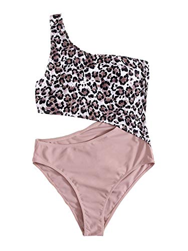 Traje de baño de una pieza para mujer, con un hombro recortado, monokini, rosa (Leopard PINK), L