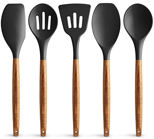 Juego de utensilios de cocina de silicona antiadherente con asas de madera de acacia auténtica, juego de utensilios de silicona de 5 piezas, juego de utensilios de cocina de silicona (negro)