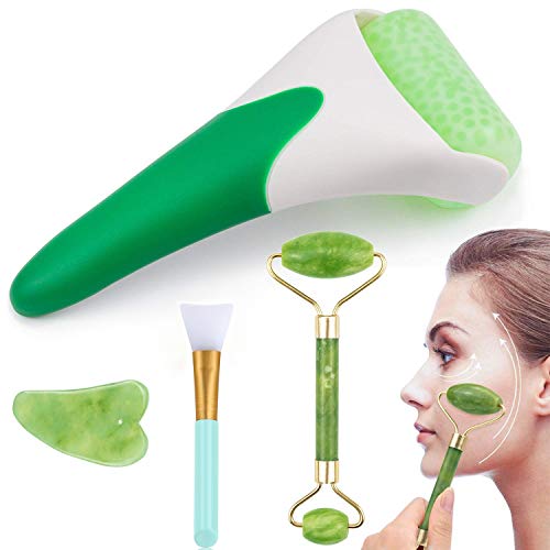 Kit de Rodillo Masajeador Facial de jade 4 en 1, rodillo de hielo para masaje facial y ojos,facial Gua Sha,cepillo de mascarilla de silicona, Facial Masaje Piedra Para Cuello Cara Ojos Cabeza CuerpoPiel Que Aprieta, Antienvejecimiento, Circulación Sanguín