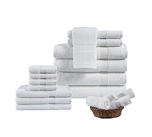 Juego de toallas de 18 piezas, 100% algodón, altamente absorbentes, ultra suaves de alta calidad para spa y hotel, color blanco (4 toallas de baño, 6 toallas de mano, 8 toallitas para la cara).