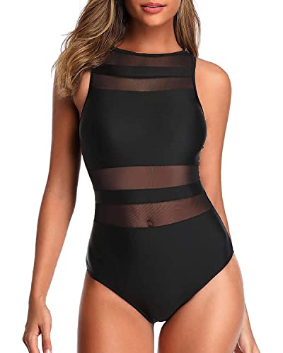 Trajes de baño de una pieza con cuello alto para mujer, trajes de baño de malla con espalda abierta, Negro -, L