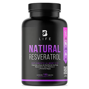 Resveratrol 180 Cápsulas. Ingredientes naturales: Semilla de Uva Roja, Acai y Vitamina C. Resveratrol Plus B Life.