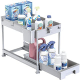 Organizador para debajo del fregadero, organizador de cesta deslizante de 2 niveles debajo del baño, estante de almacenamiento con ganchos, taza colgante, divisores, estante de almacenamiento multiusos para baño, cocina, gris