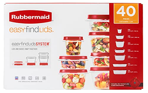 Rubbermaid 2112332 Easy Find - Tapas ventiladas para almacenamiento de alimentos, Paquete variado 40PC, Rojo