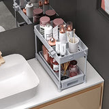 Organizador para debajo del fregadero, organizador de cesta deslizante de 2 niveles debajo del baño, estante de almacenamiento con ganchos, taza colgante, divisores, estante de almacenamiento multiusos para baño, cocina, gris