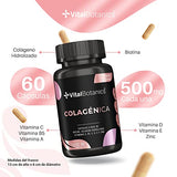 VitalBotanics Colágeno Hidrolizado con 60 capsulas [2 meses]. Con Biotina, Colágeno, Zinc y Vitaminas A, B5, C, D y E. Biotina y Colageno para Cabello, Piel y Uñas. Suplemento con Vitaminas para Mujer. Hydrolyzed Collagen + Biotin.