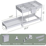 Organizador para debajo del fregadero, organizador de cesta deslizante de 2 niveles debajo del baño, estante de almacenamiento con ganchos, taza colgante, divisores, estante de almacenamiento multiusos para baño, cocina, gris