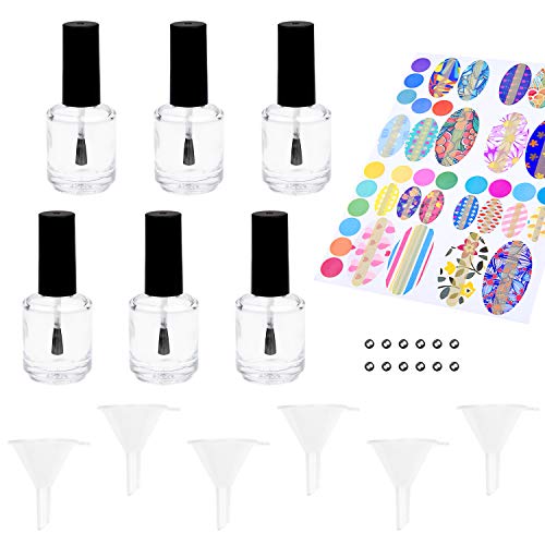 Botellas vacías de esmalte de uñas con cepillos Dupont – Juego de 6 – Cristal transparente – Incluye embudos (para un fácil relleno) y bolas de mezcla (para mejores resultados de mezcla) – Haz tu propio esmalte de uñas