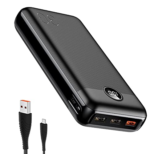 Power Bank, Carga Rapida 20W PD+QC3.0 Batería Externa Pila Portátil 30000 mAh, Powerbank Compatible para Teléfonos Android iPhone Ipad con USB, Banco de Energía para Viaje, Cuerpo de Diseño de Textura Durable de Color Negro, Elegante y Clásico Regalos