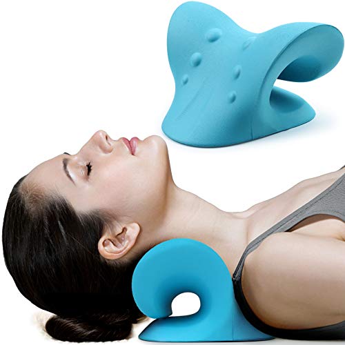 Relajador de cuello y hombros, dispositivo de tracción cervical para alivio del dolor TMJ y alineación de la columna cervical, almohada quiropráctica para el cuello (azul)