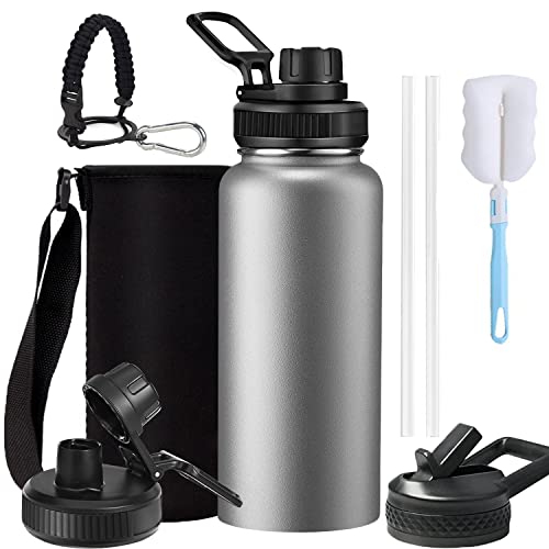 950ML Termo，Hisemy Termo de Acero Inoxidable sin BPA，Termo Agua(Dos Tapas),Botella Térmica，100% a Prueba de Fugas, Aislamiento de Doble Pared，para Agua Fría (24 horas) o Caliente (12 horas) Gris