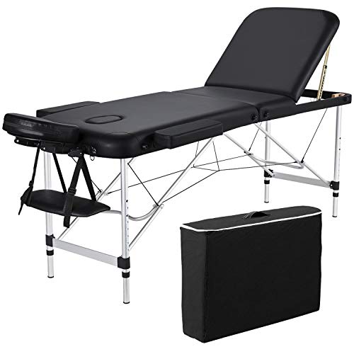 Cama de masaje plegable de aluminio para spa, cama de salón de tatuajes faciales, 3 mesas de masaje plegables, color negro