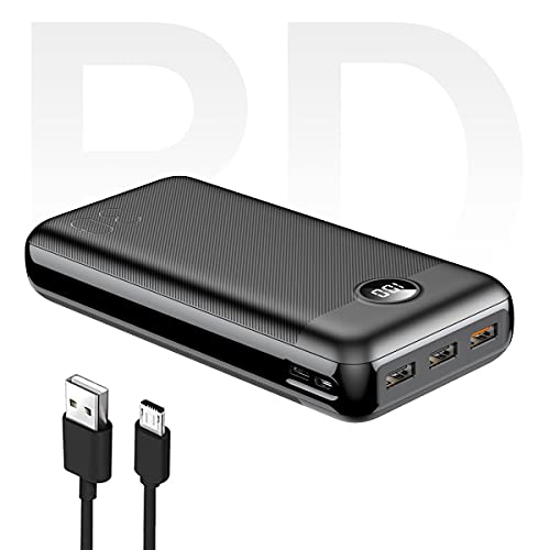 Powerbank 30000 mAh Carga Rápida Batería Externa Pila QC 3.0, 20W PD Cargador Portátil Batería Con Pantalla LED Indicador, TipoC Bidireccional Compatible Para Android iPhone Quick Charge 3.0, Banco de Energía 3 Salidas Con Cable Micro USB 20CM -Negr