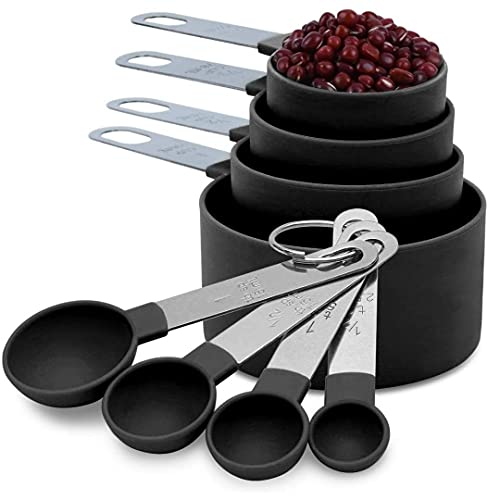 Tazas y Cucharas Medidoras; Set de 8 Piezas de Acero Inoxidable; BPA free Grado Alimenticio; Eco-Friendly; 100% Calidad; Herramientas de Medición grabado con Marcas Métricas para- Ingredientes Líquidos y Secos (Acero Inoxidable)