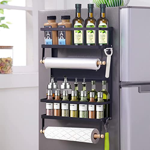 Organizador magnético para nevera, estante para especias con soporte para toallas de papel y 5 ganchos adicionales, estante magnético de 3 niveles para refrigerador en cocina con capacidad para hasta 45 libras, 16 x 12 x 4 pulgadas, color negro