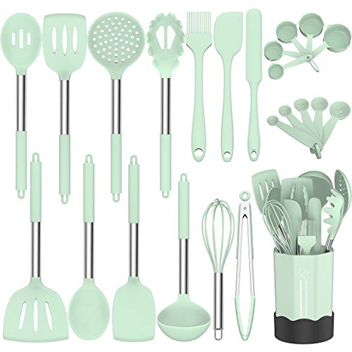 Fungun - Juego de utensilios de cocina de silicona, antiadherentes, juego de 24 utensilios de cocina, resistente al calor, herramientas de cocina de silicona, regalo con mango de acero inoxidable (verde-24 piezas)