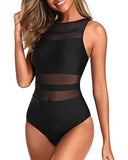 Trajes de baño de una pieza con cuello alto para mujer, trajes de baño de malla con espalda abierta, Negro -, L