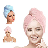 Toalla de Microfibra para Cabello 2 Pack; Secado de Pelo Rápido; Gorro Absorbente de Agua para Mujeres; Turbante Suave de Baño con Botones (Rosa + Azul)