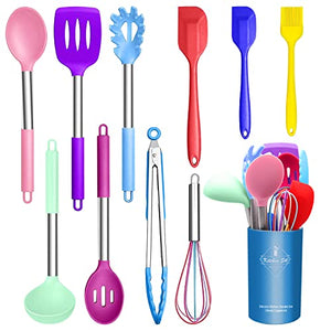 Juego de Utensilios de Cocina, 11pcs Utensilios de Cocina de Silicona con Soporte, Mango de Acero Inoxidable, Antiadherentes, Resistentes al Calor, Espátula Ranurada Cuchara Turner Tong Batidor Cepillo para Cocinar, Colorido