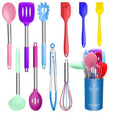 Juego de Utensilios de Cocina, 11pcs Utensilios de Cocina de Silicona con Soporte, Mango de Acero Inoxidable, Antiadherentes, Resistentes al Calor, Espátula Ranurada Cuchara Turner Tong Batidor Cepillo para Cocinar, Colorido