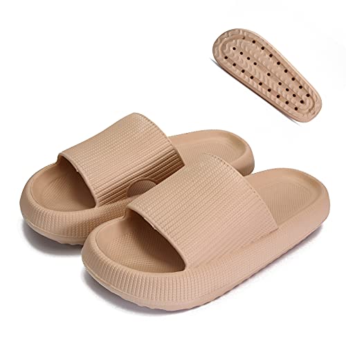 Pantuflas de almohada para mujeres y hombres, suela gruesa para el hogar, sandalias antideslizantes de secado rápido con mensaje de ducha y baño, pantuflas de plataforma súper suaves con puntera abierta para interiores y exteriores, Caqui, 5.5-6.5 Women/5