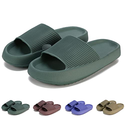 Pantuflas tipo Cloud Slide para mujeres y hombres, MOLATIN con suela gruesa para almohada para el hogar, antideslizantes, de secado rápido, sandalias de baño, súper suaves con plataforma de punta abierta, Verde oscuro, 7-8 Women/6-7 Men