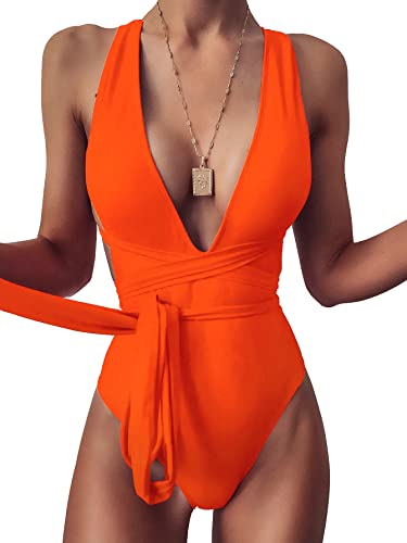 Traje de baño de una pieza sexy con tirantes cruzados y espalda descubierta, corte alto, traje de baño de una pieza para mujer, naranja/fiesta de bloques, M