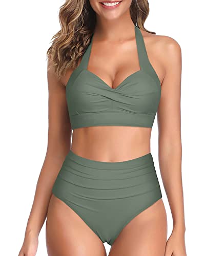 Me Traje de baño clásico de dos piezas para mujer, bikini de cintura alta fruncida con parte inferior, Verde oliva, M