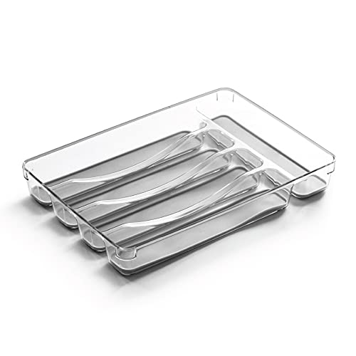 Organizador de cubiertos de 5 ranuras para cajón, organizador de utensilios de plástico para cajones de cocina, bandeja de cubiertos para organización de cajones, organizador de cajones de cocina con forro de agarre (gris claro)