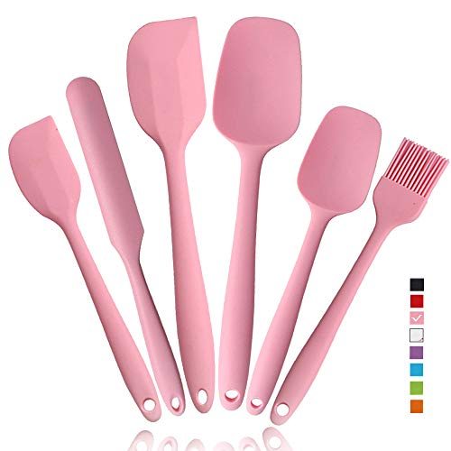 Juego de 6 espátulas de silicona resistentes al calor, diseño sin costuras, antiadherentes, con núcleo de acero inoxidable, espátula de goma sin BPA, para hornear, cocinar, para el hogar, cocina, barbacoa (rosa)