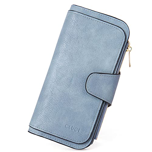 CLUCI Cartera de piel suave para mujer, organizador de tarjetas multiusos, organizador de tarjetas, Azul antiguo, Large