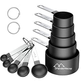 Juego de tazas y cucharas medidoras, 8 piezas, mango de acero inoxidable apilable, cucharada precisa para medir ingredientes secos y líquidos, cucharadita pequeña con cabeza de plástico (8, negro)