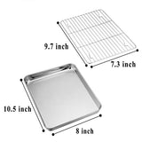 Juego de 4 sartenes para horno tostador de 25 cm x 20 cm x 20 cm con estante para horno, bandeja pequeña de acero inoxidable con estante de refrigeración, no tóxico y resistente, acabado espejo y apto para lavavajillas