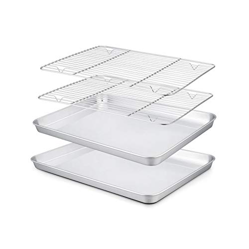 Juego de 4 sartenes para horno tostador de 25 cm x 20 cm x 20 cm con estante para horno, bandeja pequeña de acero inoxidable con estante de refrigeración, no tóxico y resistente, acabado espejo y apto para lavavajillas