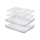 Juego de 4 sartenes para horno tostador de 25 cm x 20 cm x 20 cm con estante para horno, bandeja pequeña de acero inoxidable con estante de refrigeración, no tóxico y resistente, acabado espejo y apto para lavavajillas