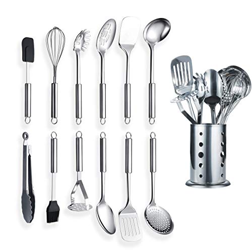 Berglander Utensilio de cocina de acero inoxidable de 12 piezas con 1 soporte, cuchara de cocina, utensilios de cocina Utensilio de cocina con soporte. (13 piezas)