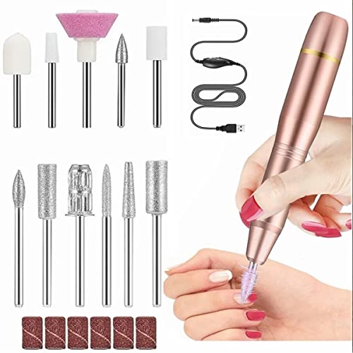 Torno para Uñas, Lima de Uñas Eléctrica, 11 en 1 Taladro de Uñas Eléctrico Profesional, Kit de Taladro Eléctrico 20,000 RPM Velocidad Ajustable Torno Portátil para Uñas, Manicura y Pedicura, Champán