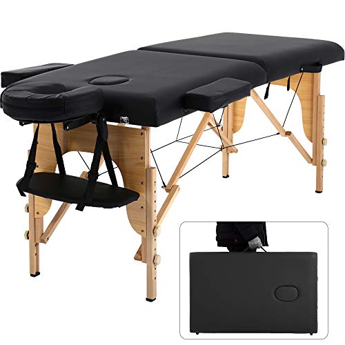 Mesa de masaje portátil plegable de 84 pulgadas de altura ajustable 2 pliegues cama de masaje con funda de transporte de piel sintética profesional para salón de belleza facial con soporte para la cara, soporta hasta 450 libras, Negro