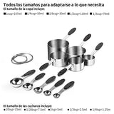 Vasos medidores:  Juego de vasos y cucharas medidoras de acero inoxidable 18/8 de 10 piezas, mango de grosor mejorado (negro)