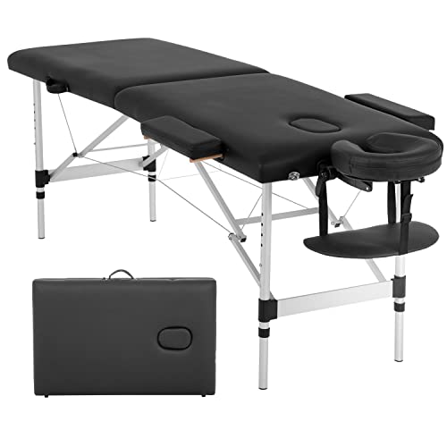 Mesa de Masaje portátil de Aluminio, Mesa de Masaje de 73 Pulgadas, 2 Pliegues, Mesa de Masaje portátil, Altura Ajustable, para salón Facial, Cama con Funda de Transporte, Color Negro