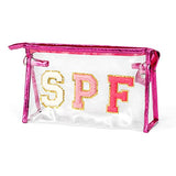 Neceser de cosméticos con letras universitarias, estético, impermeable, portátil, bolsa de cosméticos de PVC transparente con cierre, bolsa de mano de uso diario, bolsa de maquillaje de viaje para mujeres y niñas (rojo rosa)