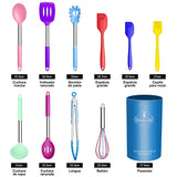 Juego de Utensilios de Cocina, 11pcs Utensilios de Cocina de Silicona con Soporte, Mango de Acero Inoxidable, Antiadherentes, Resistentes al Calor, Espátula Ranurada Cuchara Turner Tong Batidor Cepillo para Cocinar, Colorido