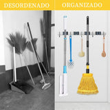 Organizador de Escobas,Salandens Porta Escobas Pared Acero Inoxidable, Colgador de Escobas y Trapeadores, con 4 Ganchos para Escobas 5 Ganchos de Utilidad, Soporte de Pared para Escobas(Gris)