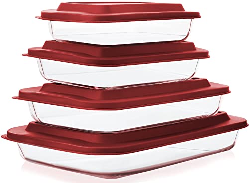 Juego de 8 platos para hornear de vidrio profundo con tapas de plástico, juego de utensilios rectangulares de vidrio con tapas sin BPA, sartenes para hornear para lasaña, sobras, cocina, congelador a horno y lavavajillas, rojo